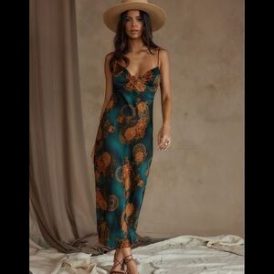 12th Tribe - Alexandria Teal Printed Satin Midi Dress